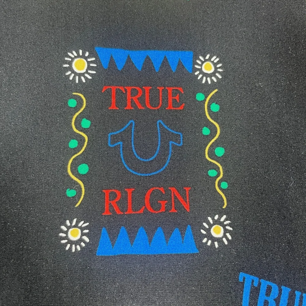 True Religion Resort Shirt Mens Large Black NWT SS Camp Collar Graphic Buddha